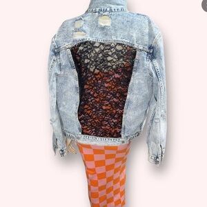 Canton Walker Women's acid washed distressed jean jacket with black lace back L